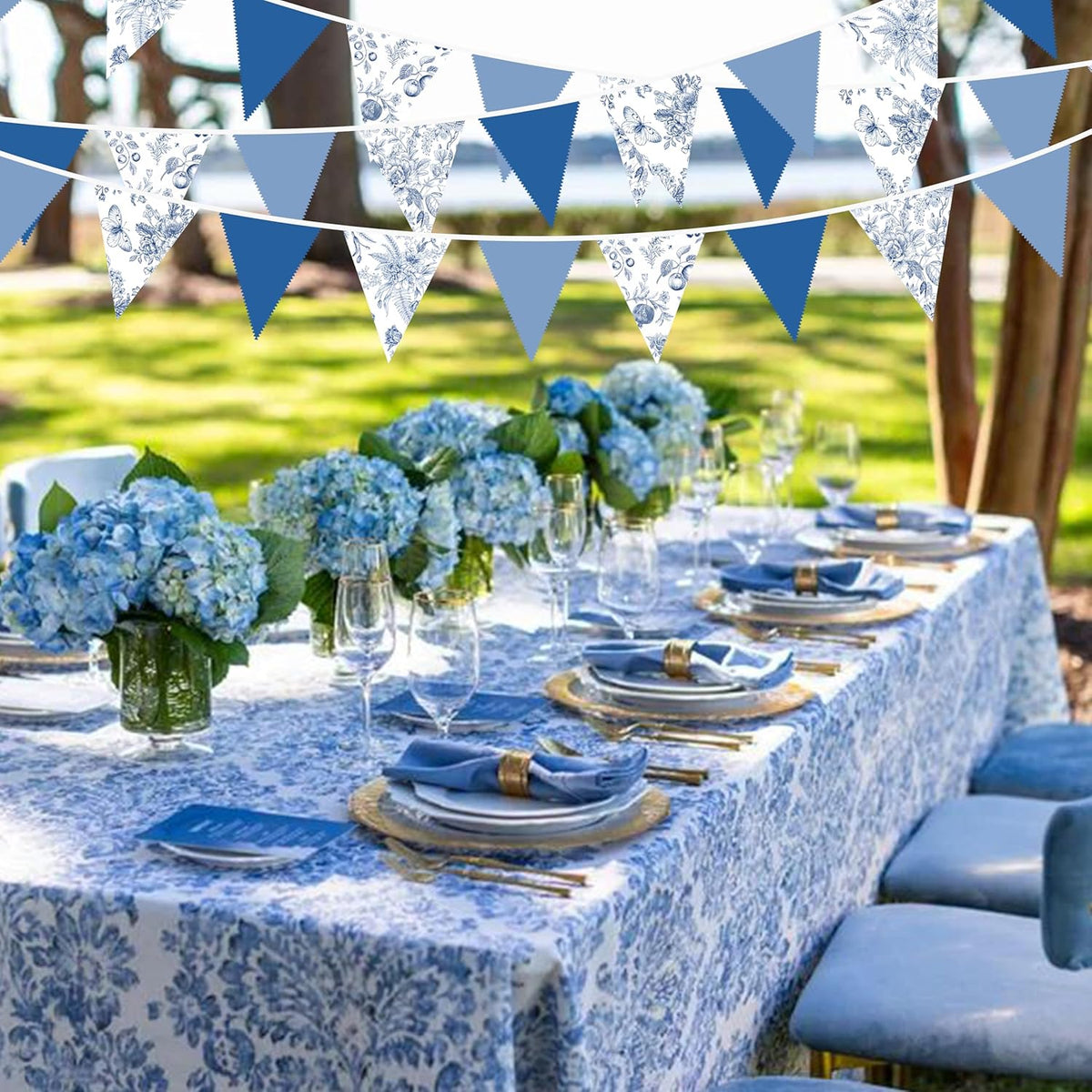 32Ft Blue Floral Party Decorations Vintage Blue White Flower Pennant Banner Fabric Triangle Flag