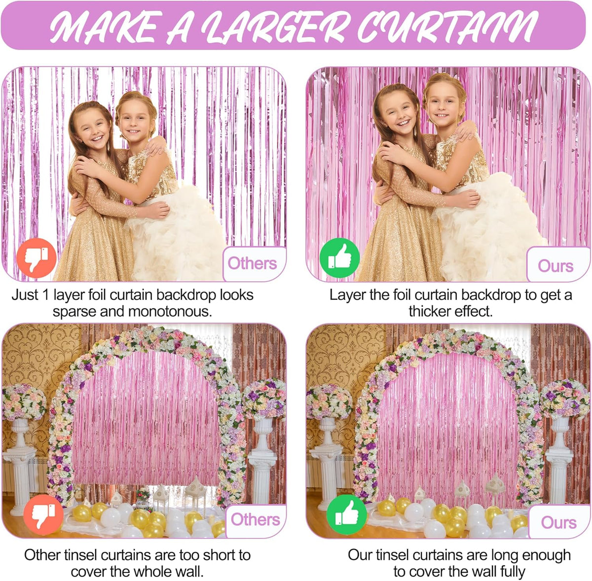 Crosize 3 Pack 3.3 x 9.9 ft Pink Foil Fringe Glitter Curtains Party Decorations, Tinsel Backdrop