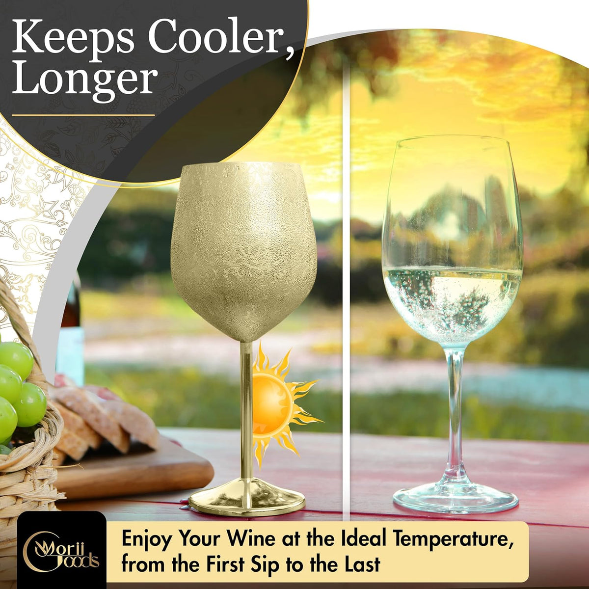 Stainless Steel Wine Glasses - Set of 2 Etched 16 oz Metal Goblets, Unbreakable Gold Cups for