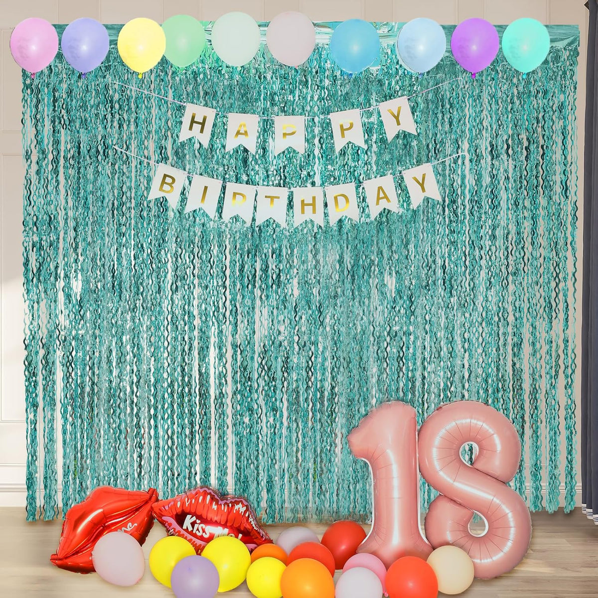 4 Pack 3.3 ft x 6.6 ft Wavy Aqua Teal Blue Tinsel Foil Fringe Curtains Backdrop - Wave Metallic