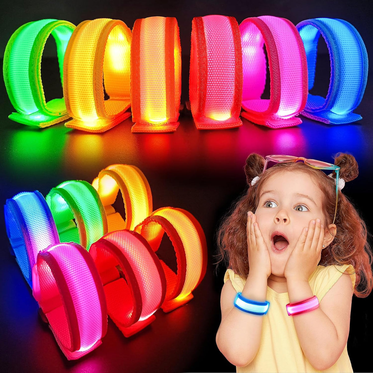 GIFTINBOX 12/6 PCS LED Light Up Bracelets for Kids Adults, LED Glow Flashing Arm Wrist Bands, Glow