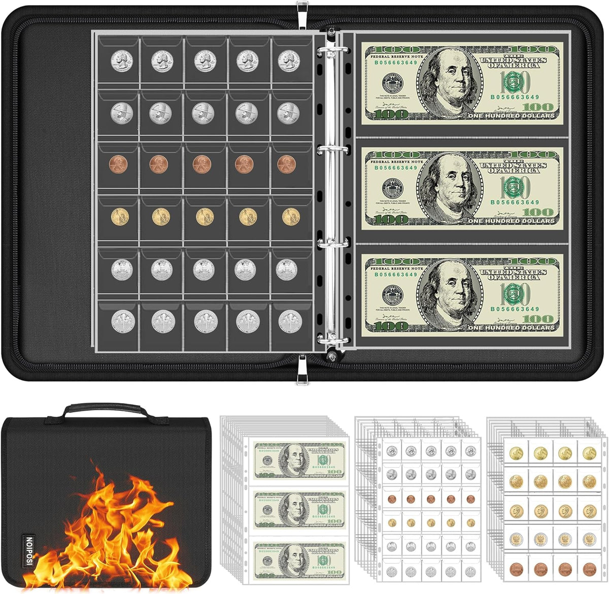 Coin Binder for Collectors with Handle, Fireproof 400 Pockets Coin Collection Album & 36 Paper