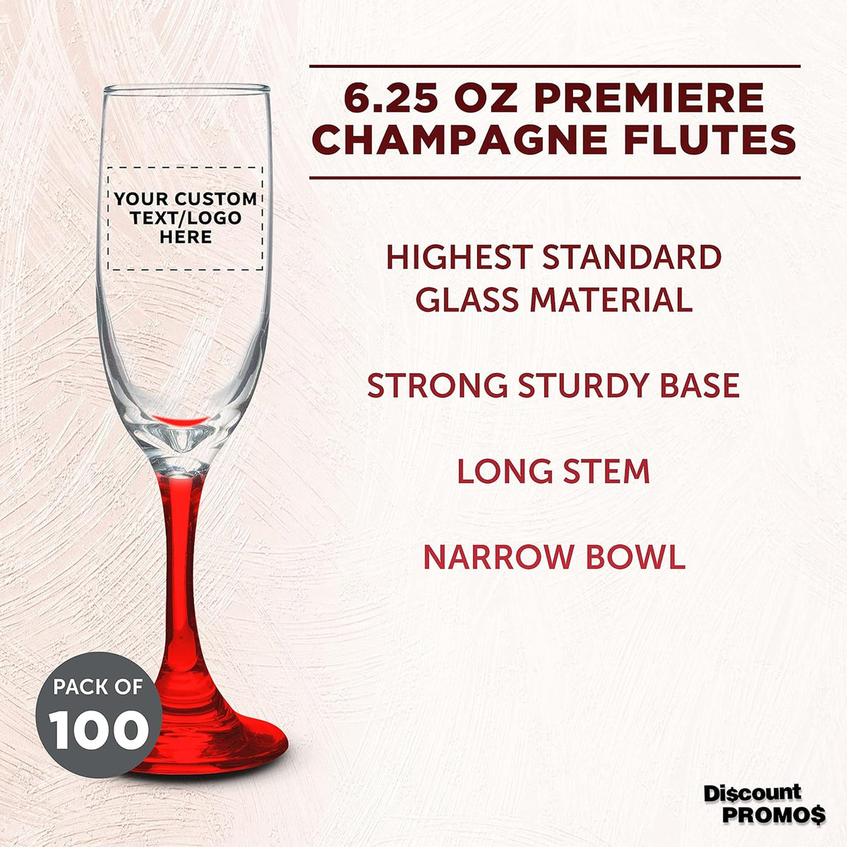 DISCOUNT PROMOS Custom Premiere Champagne Flutes 6.25 oz. Set of 100, Personalized Bulk Pack