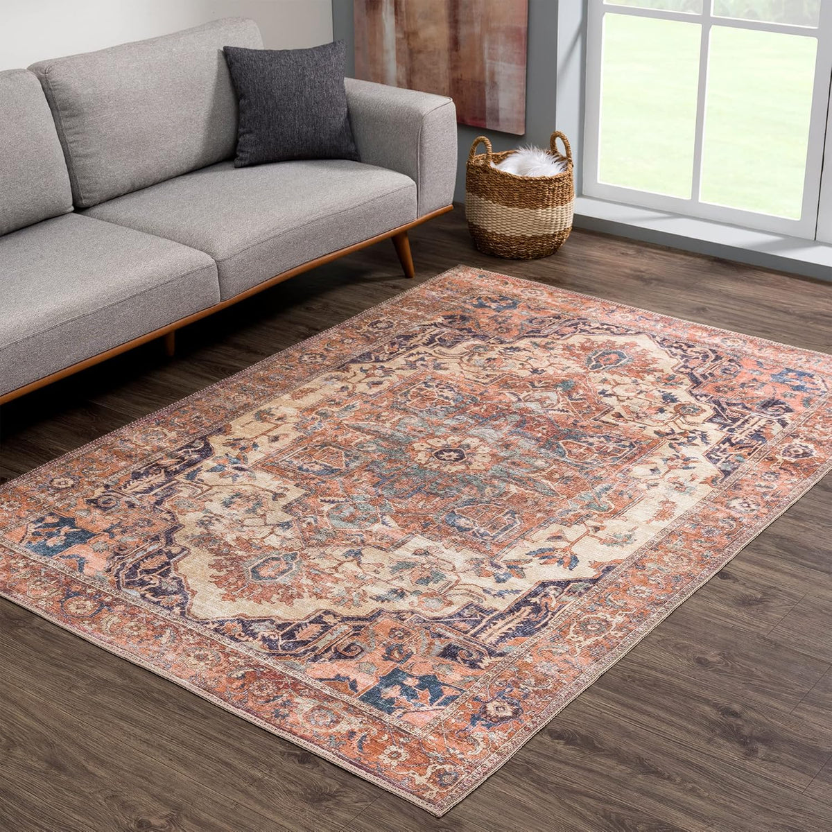 Bloom Rugs Washable 8' x 10' Rug - Beige/Terracotta Traditional Area Rug for Living Room, Bedroom