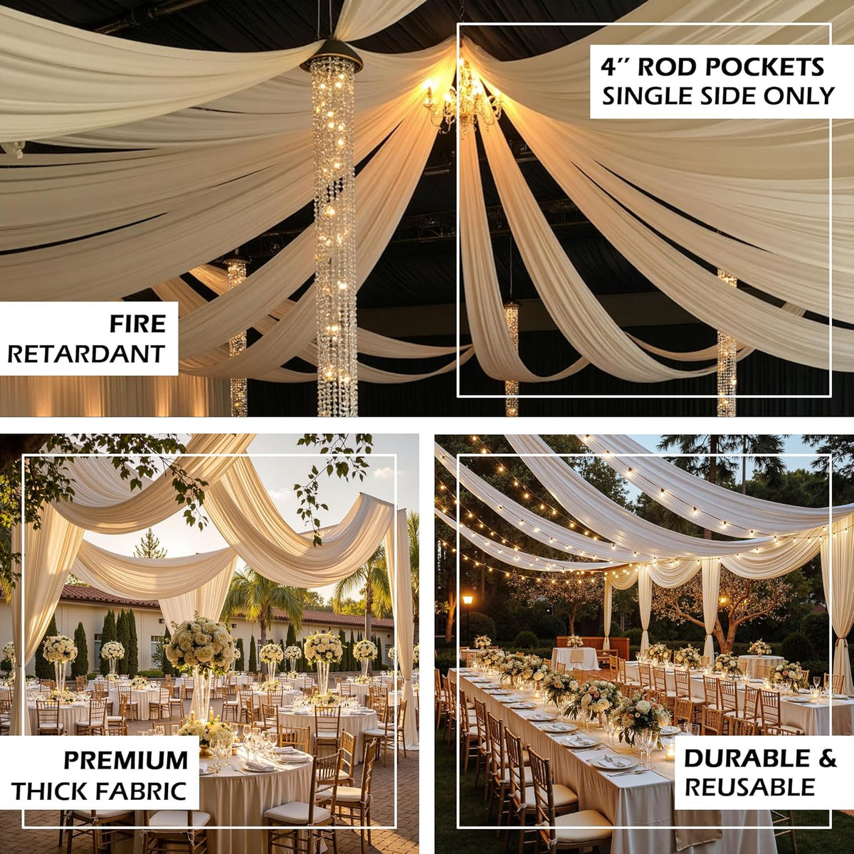PartyVillage 4 Panels 5ftx30ft Ivory Ceiling Drapes for Wedding Parties – 30 FT Extra Long Thick