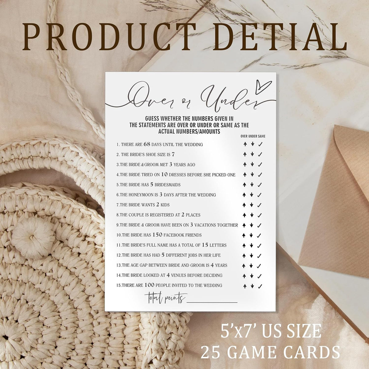 Fun Bridal Shower Games Set 25 Wedding Games Cards, Wedding Game for Reception 25 Guest Cards (5 ×