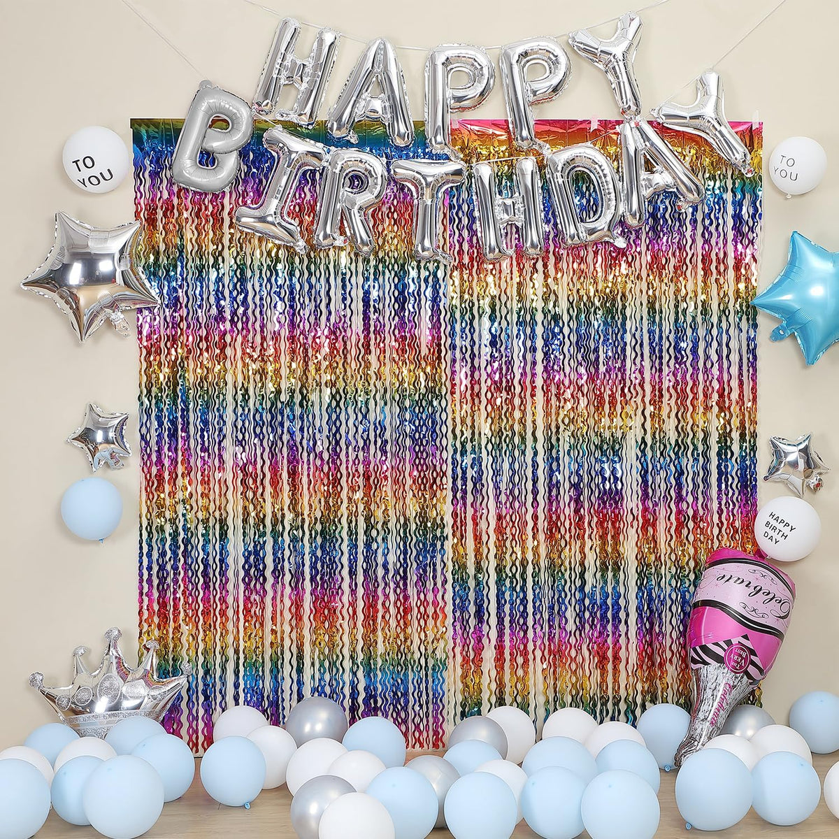 3 Pack Colorful Foil Fringe Curtain Backdrop - 6.6 x 3.3 ft Wavy Rainbow Tinsel Backdrop Curtain