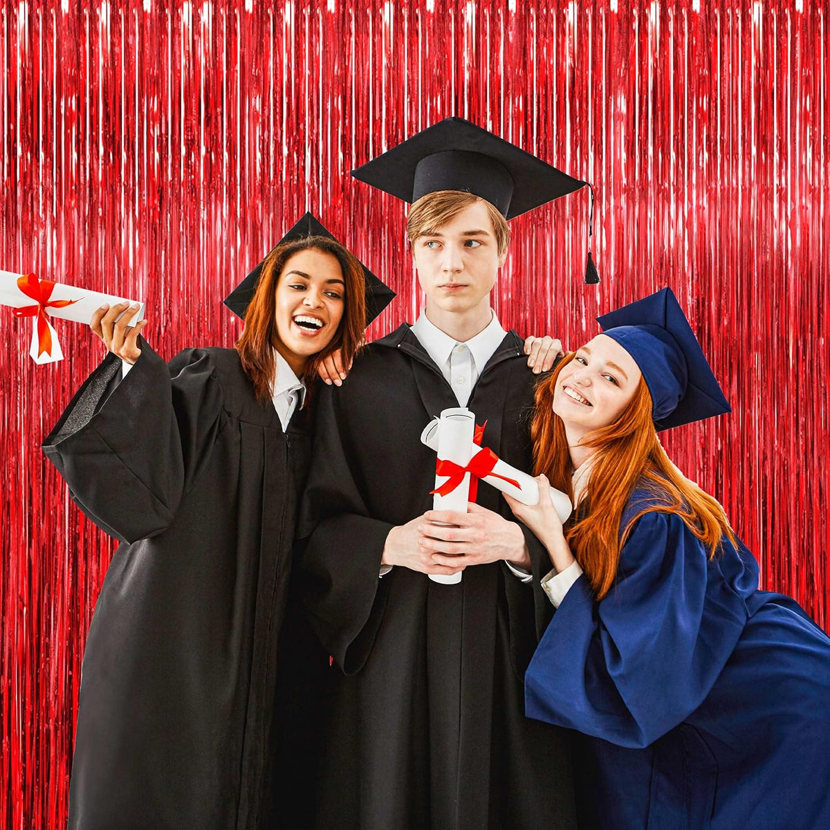 BTSD-home 10 Pack Red Foil Fringe Curtain, Metallic Photo Booth Backdrop Tinsel Door Curtains for