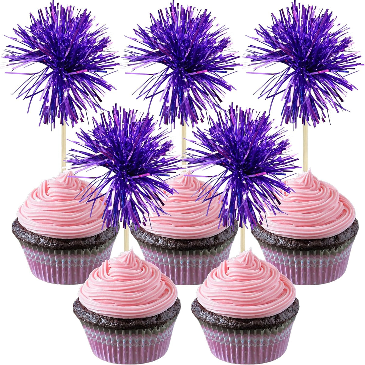 Gyufise 30Pcs Foil Firework Cupcake Toppers Sparkle Tinsel Cake Toppers Tinsel Drink Cake