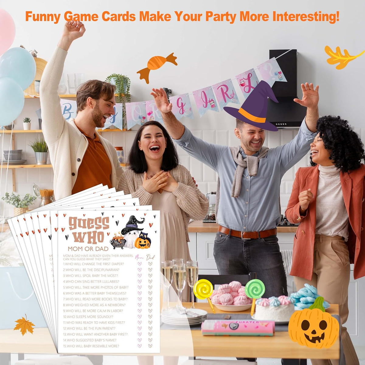 Baby Shower Games, Halloween Guess Who Mom or Dad, 25 Double-Sided Game Cards for Gender Reveal