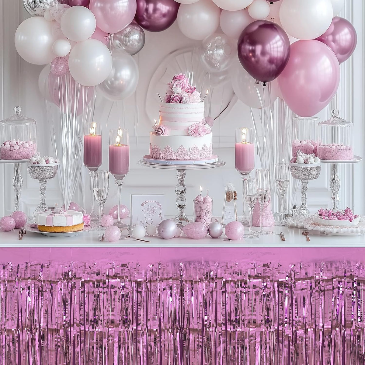 2 Pack Light Pink Light Blue Table Skirts, 29x108" Metallic Foil Tinsel Fringe Table Skirt for