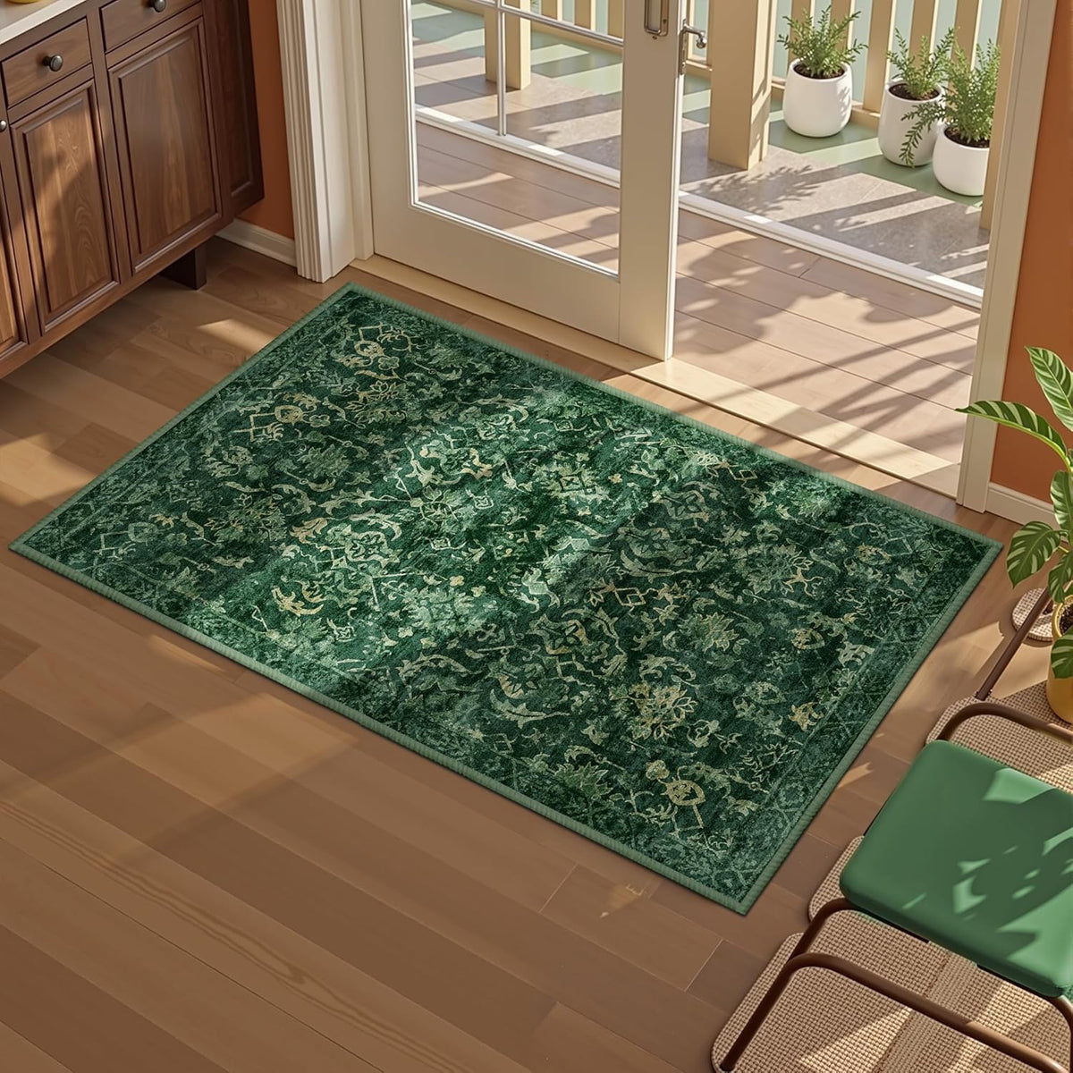 Dark Green Area Rug 2x3 Entryway Rug for Bedroom Bathroom, Non-Slip Low-Pile Washable Distressed