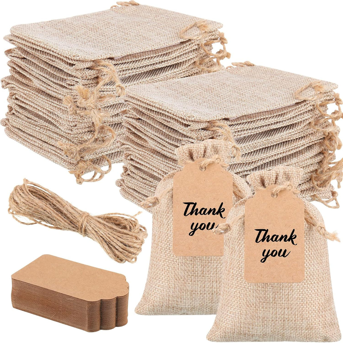 Woanger 100 Pcs Burlap Gift Bags with 100 Pcs Kraft Paper Gift Tags Drawstring Favor Bulk Burlap