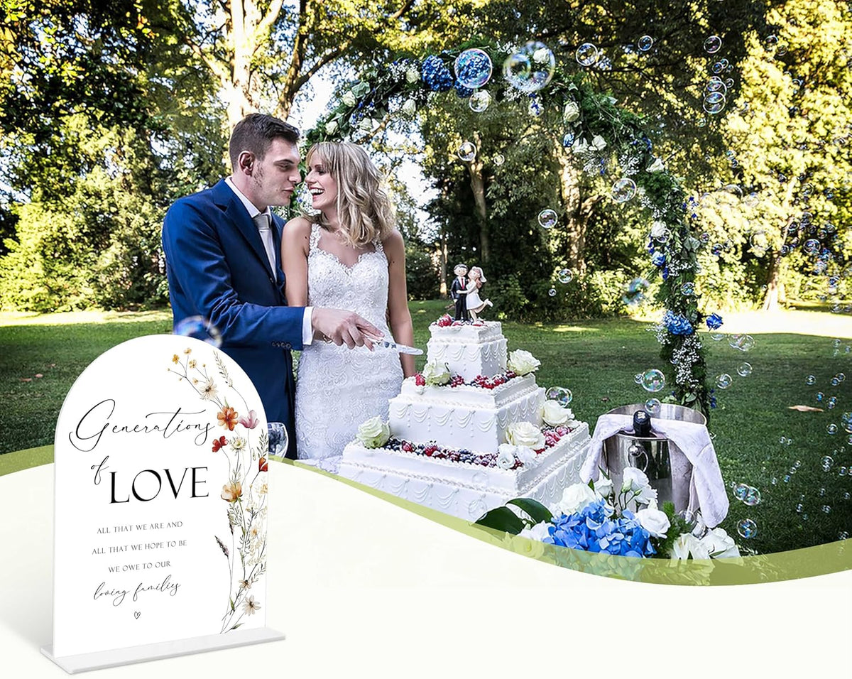 Boho Floral Generations Of Love Sign, 6 x 8 Inch White Arch Acrylic Wedding Sign with Holder