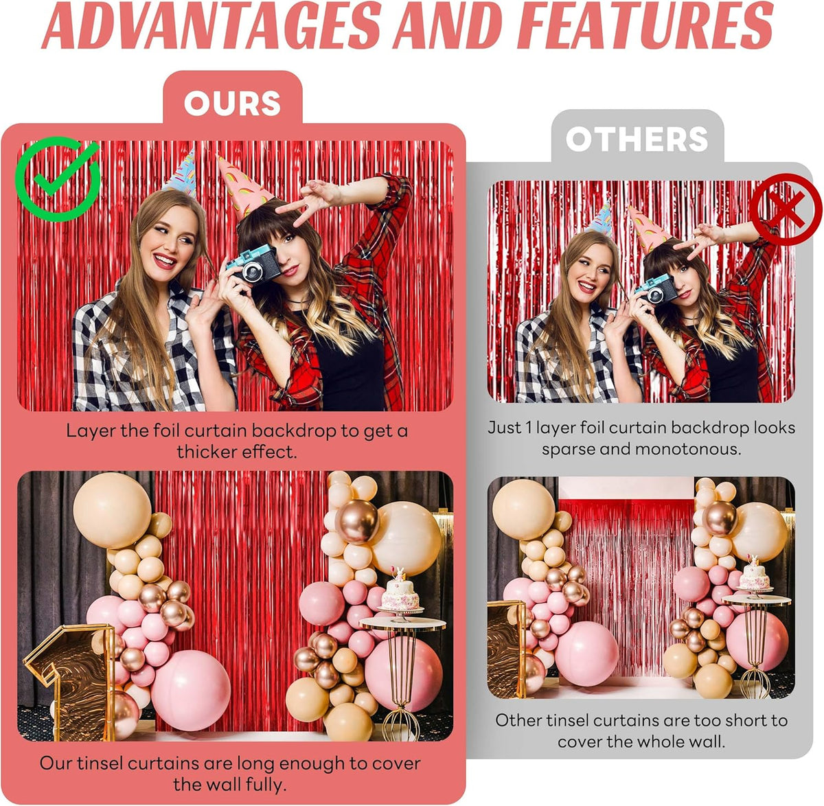 BTSD-home 10 Pack Red Foil Fringe Curtain, Metallic Photo Booth Backdrop Tinsel Door Curtains for
