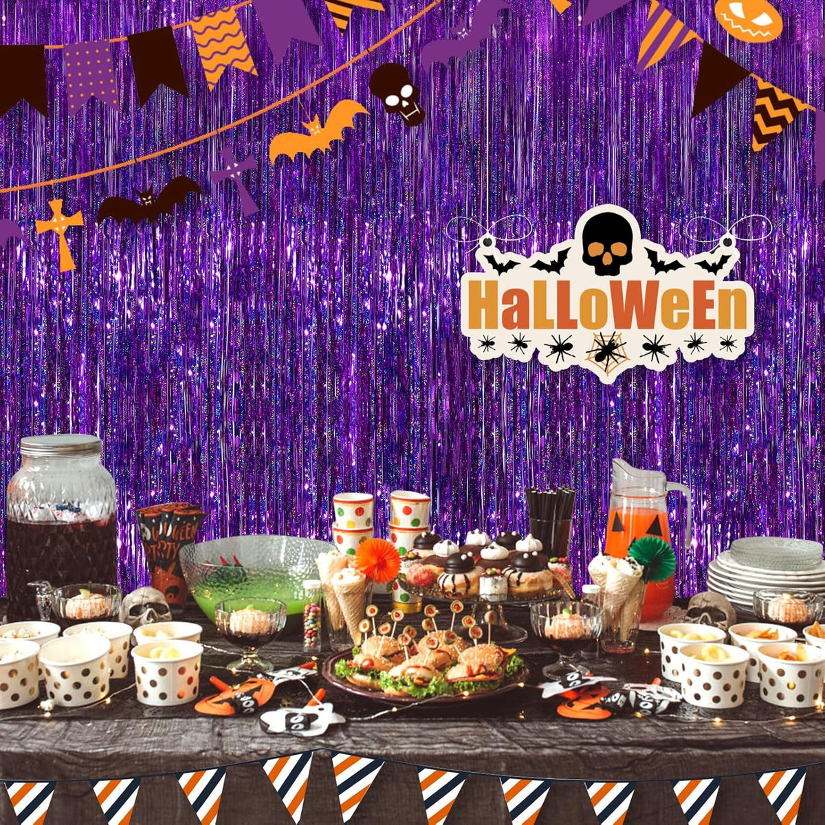 2 Pack Purple Metallic Tinsel Foil Fringe Curtains, Purple Streamers 3.3 x 8.3ft Party Streamers