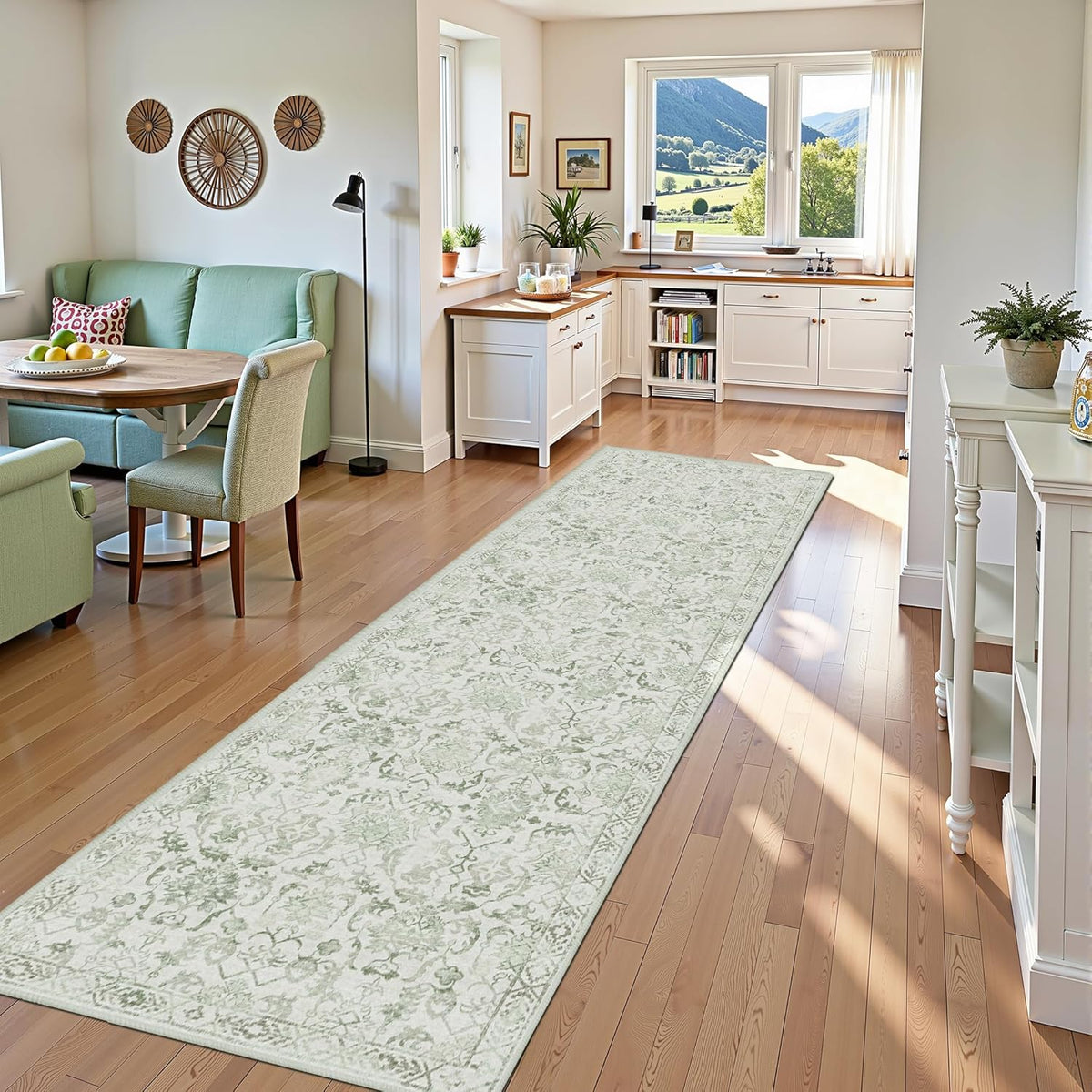 Sage 3x12 Runner Rug for Hallways Bed Side Kitchen, Boho Washable Distressed Low-Pile Floor