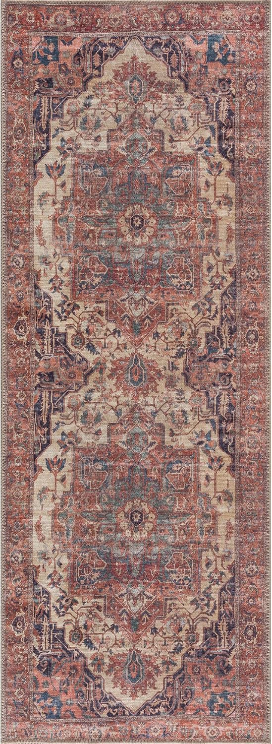 Bloom Rugs Washable 7 ft Runner - Beige/Terracotta Traditional Runner for Entryway, Hallway