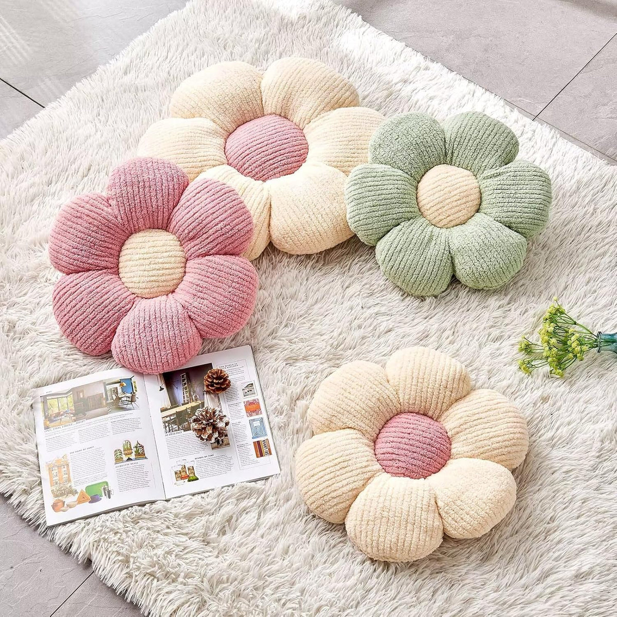 Flower Throw Pillow, Soft White 17.7" Shaped Floor Pillow for Home Decor, Cute Aesthetic Plush