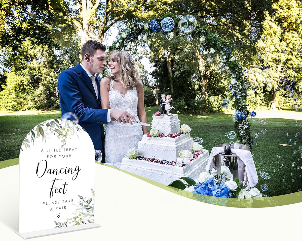 Greenery Dancing Feet Sign, 6 x 8 Inch White Arch Acrylic Wedding Sign with Holder, Wedding Sign
