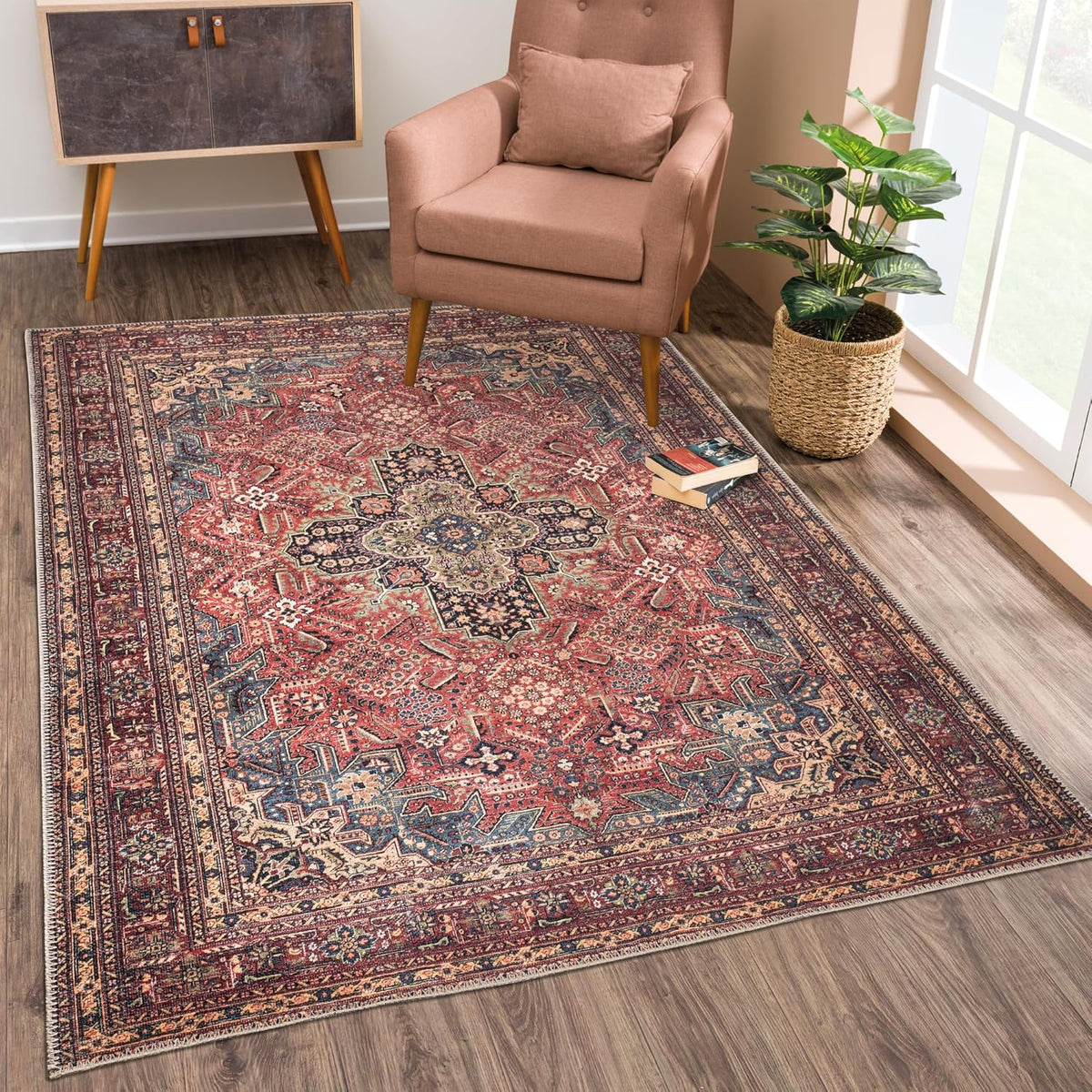 Bloom Rugs Washable Non-Slip 3' x 5' Rug - Red/Teal Blue/Yellow Traditional Medallion Area Rug for