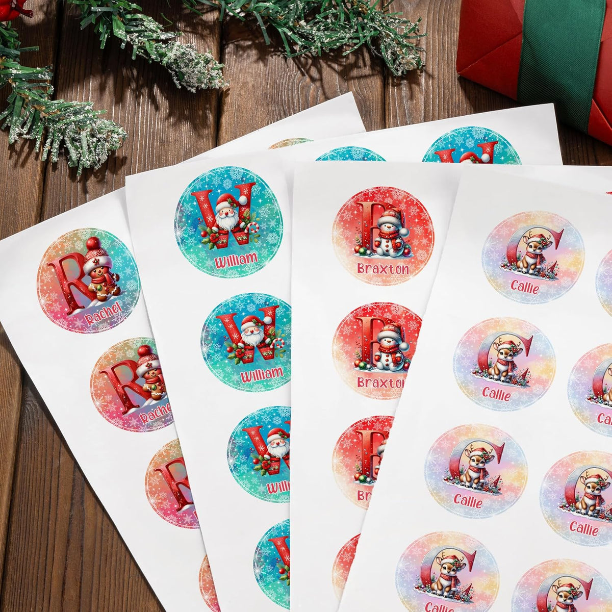 callie Personalized Christmas Stickers - Custom Name & Initial, 1.97 Inch Cute Elk Santa Penguin
