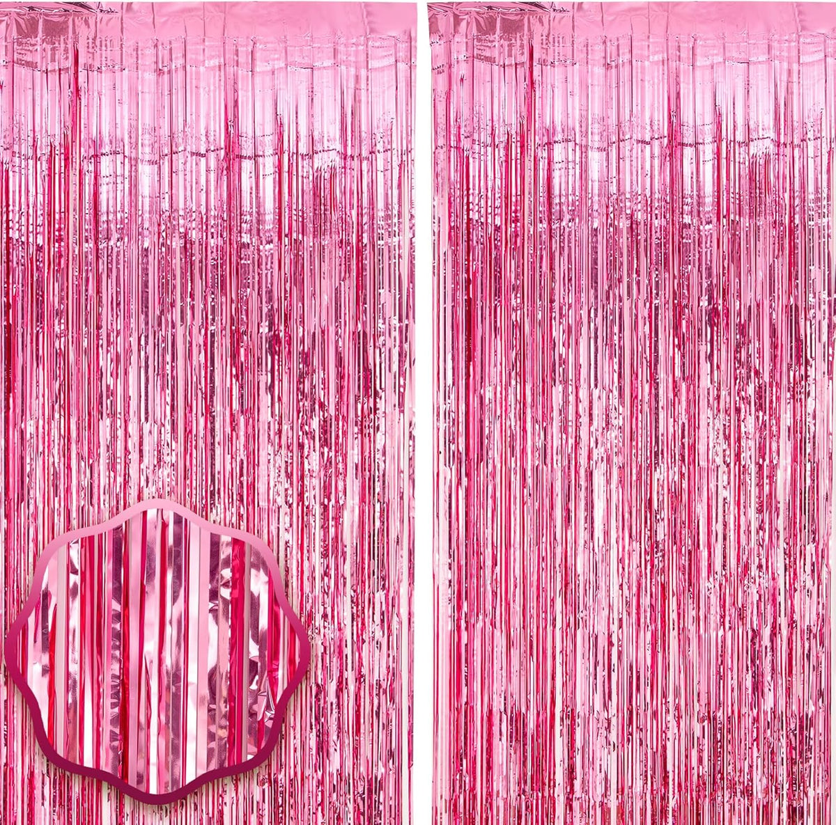 2 Pack Pink Tinsel Foil Fringe Curtains, Pink Party Decorations, Metallic Tinsel Party Streamers