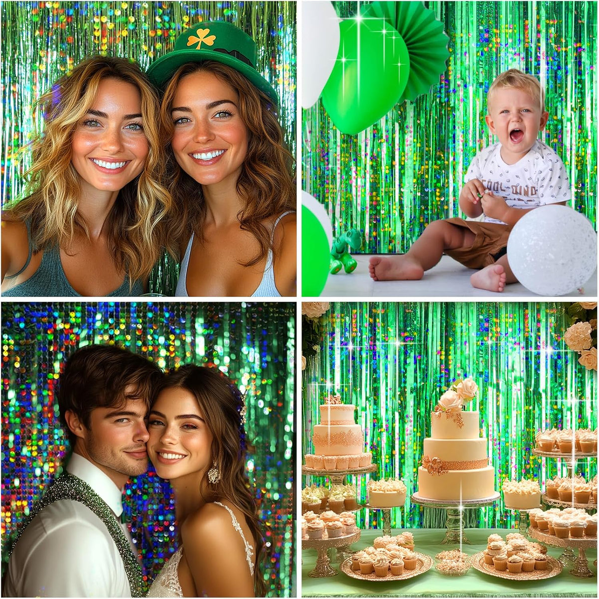 4 Packs Green Foil Fringe Curtain, Green Glitter Metallic Tinsel Backdrop for Birthday, Wedding