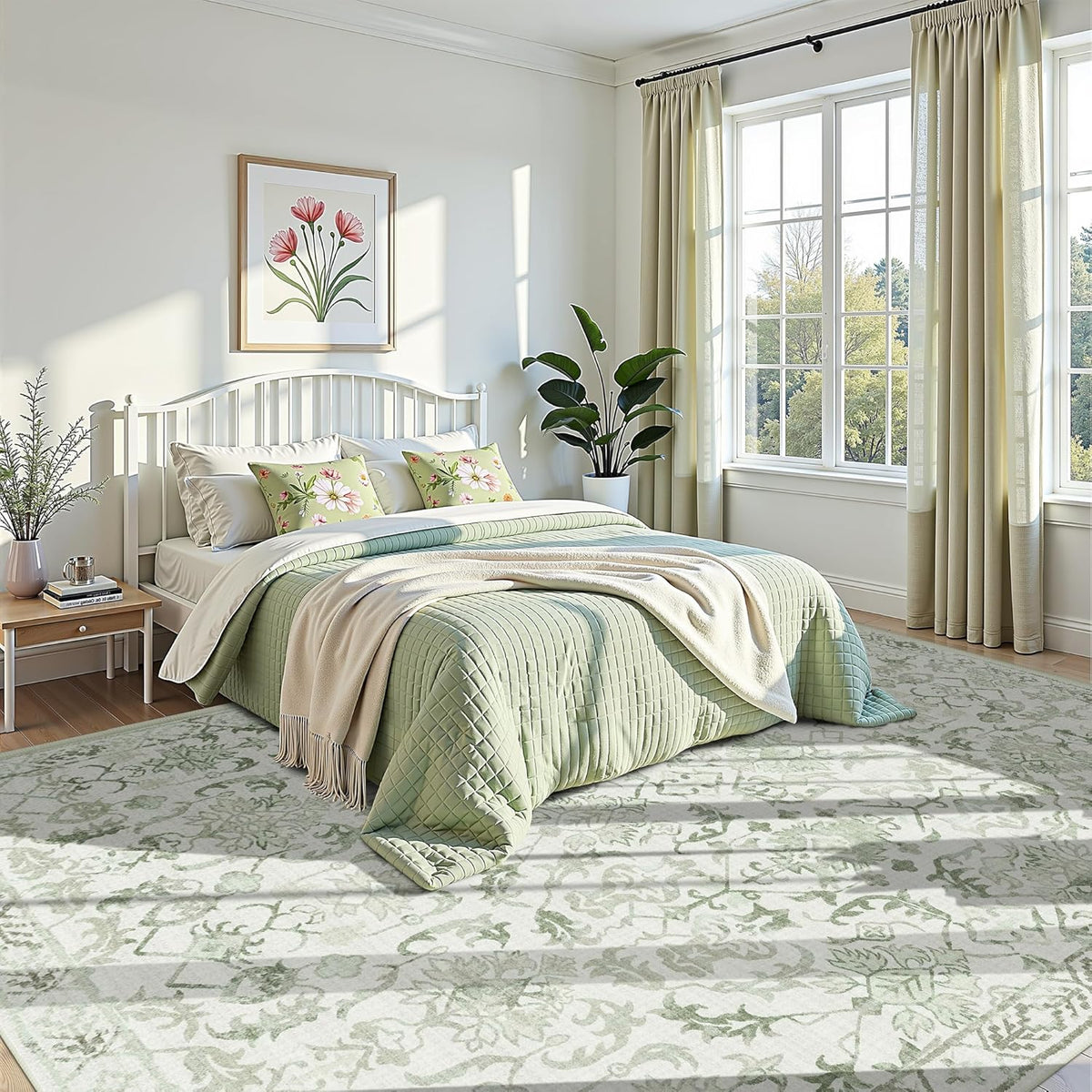 Sage Neutral Large Area Rug10x12 for Living Room, Washable Rug for Dining Room Bedroom, Anti-Slip