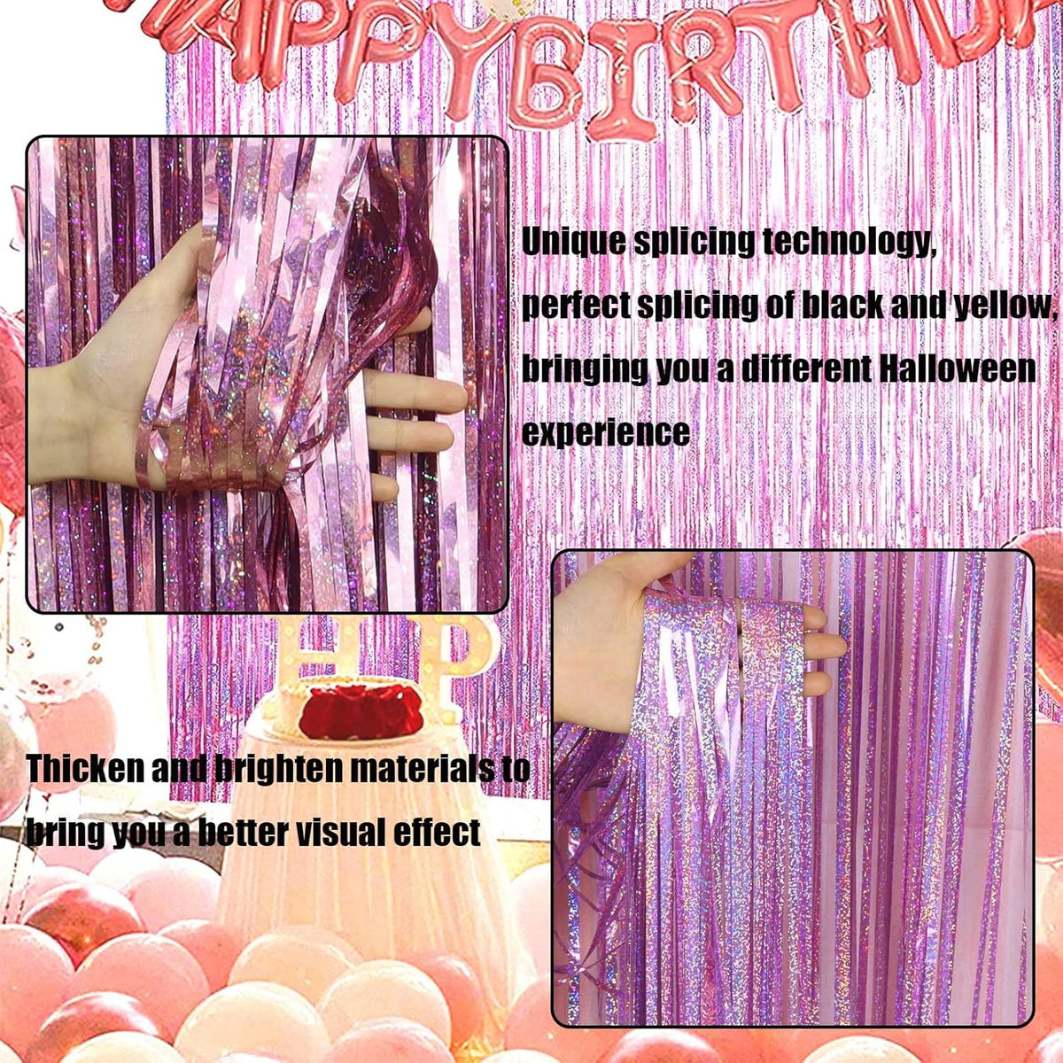4 Pack Pink Tinsel Foil Fringe Curtain Backdrop, 3.28Ft x 8.2Ft Metallic Streamers for Photo Booth