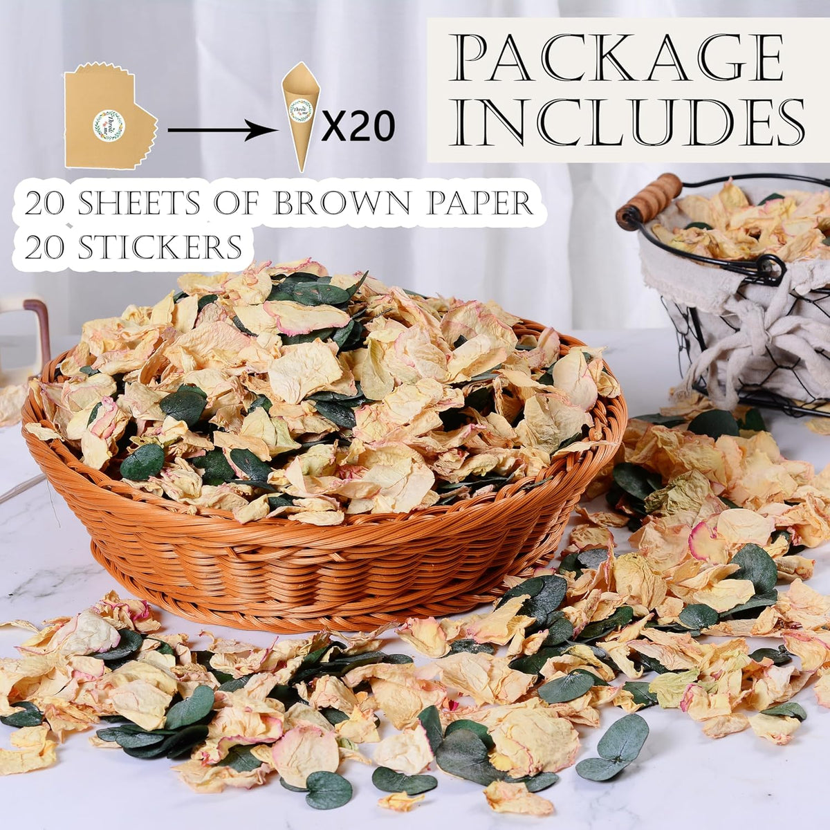Oning 20+ Cups of Mix Dried Bio Flower Rose Petals Confetti, 2 QT Ivory White Roses & Eucalyptus