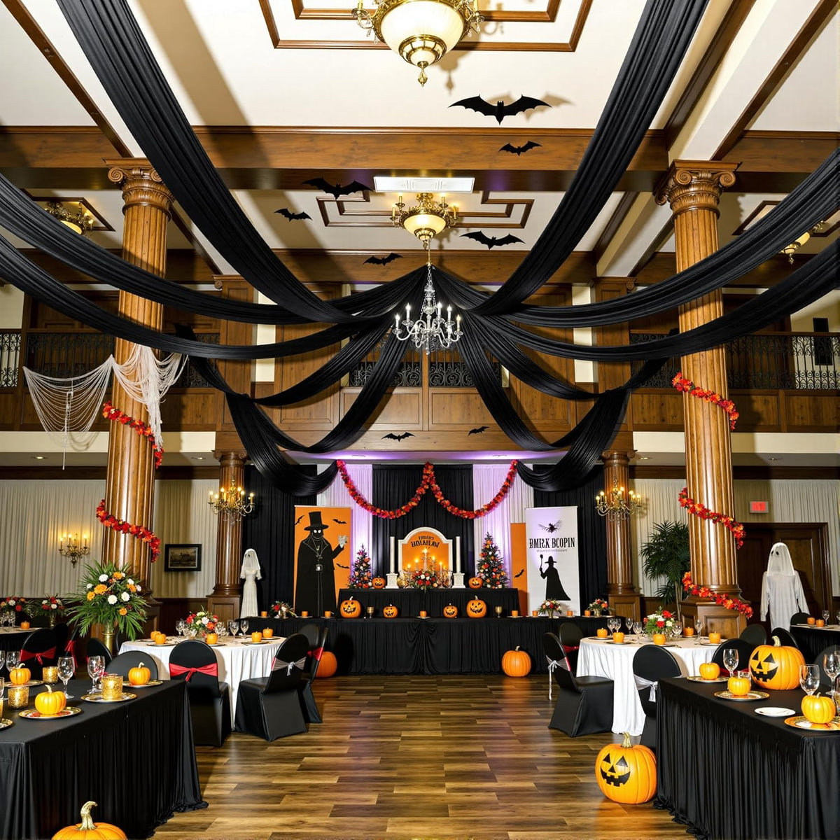 PartyVillage 8 Panels 5ftx30ft Black Ceiling Drapes for Halloween Parties – 30 FT Extra Long Thick