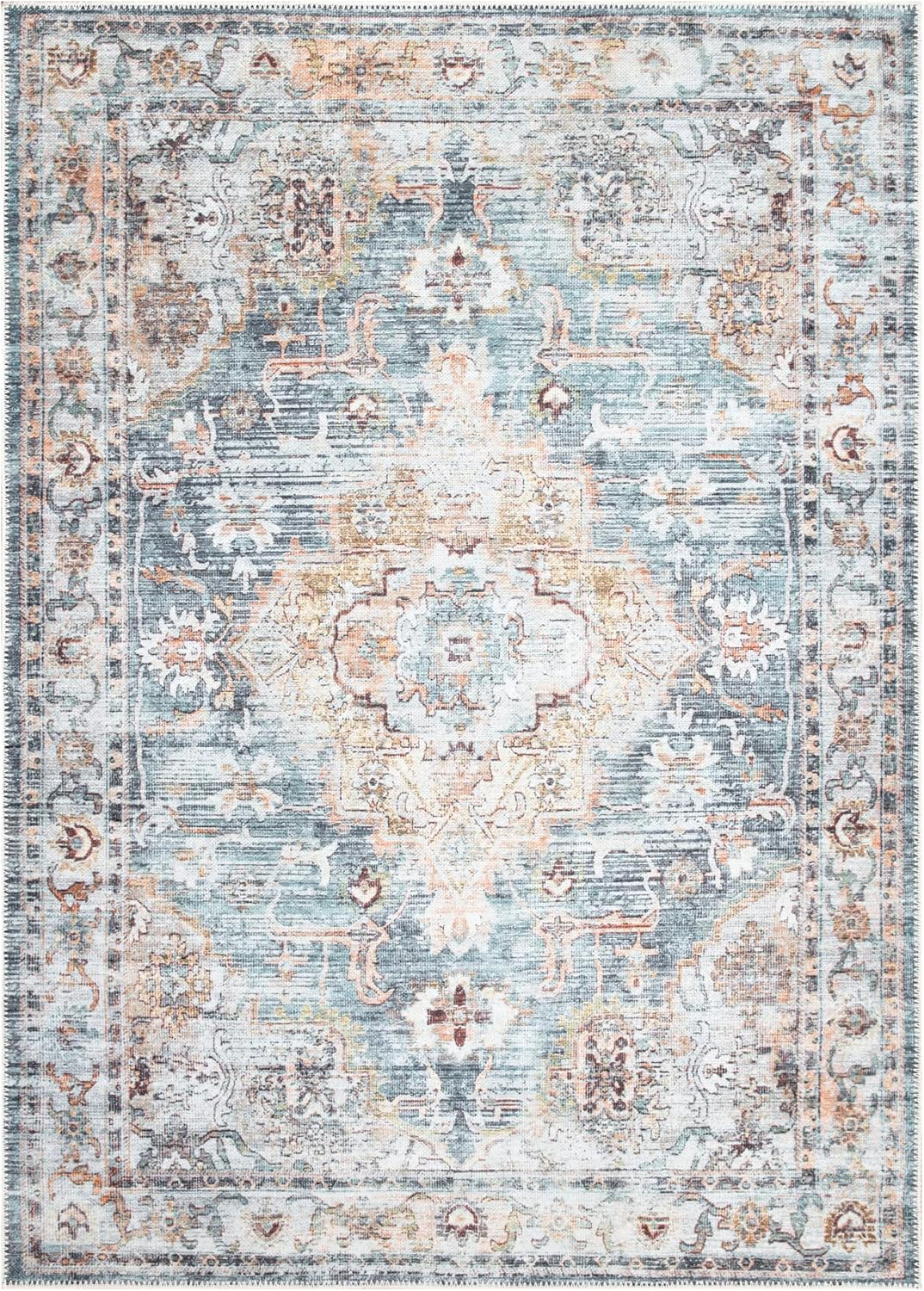 Bloom Rugs Washable Non-Slip 3' x 5' Rug - Teal/Peach Traditional Area Rug for Living Room