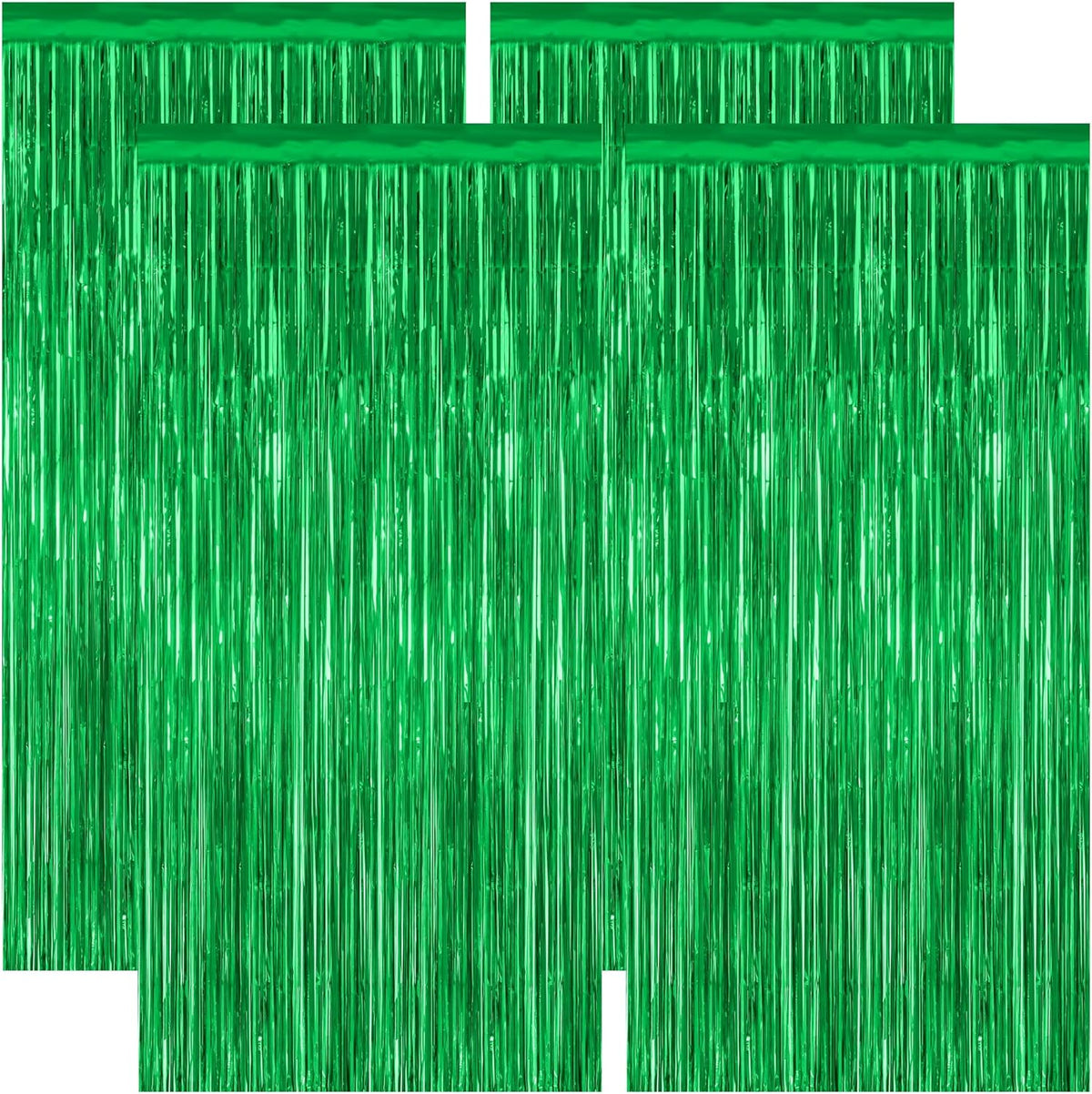 4 Pack Green Streamers, 3.28 FT x 7.05 FT Birthday Tinsel Backdrop, Metallic Green Foil Fringe