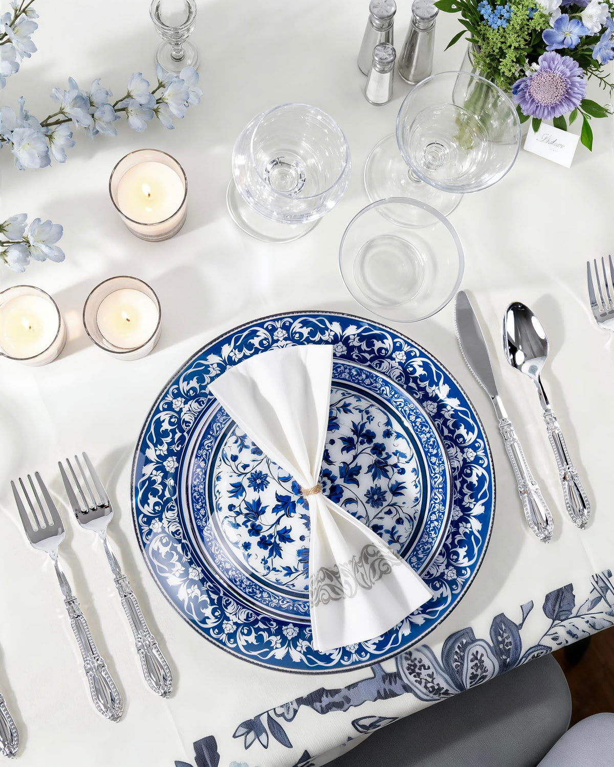 Hioasis Blue Plastic Plates, Fancy Disposable Pates, 60 Pcs for 30 Guests