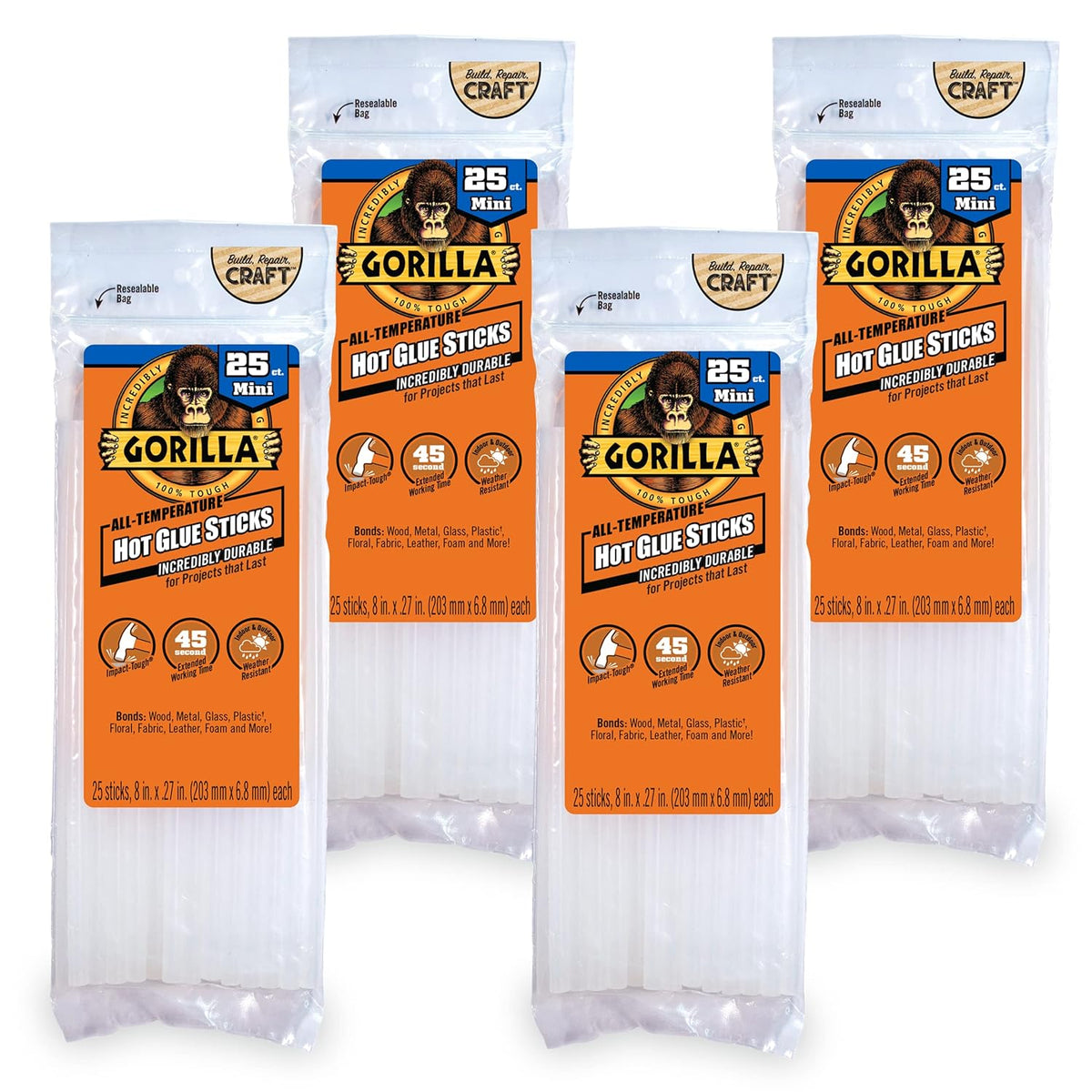 Gorilla Hot Glue Sticks, Clear Glue, Mini Size 8" Long x 0.27" Diameter, 25 Count (Pack of 4)