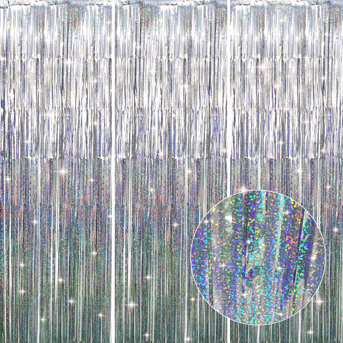 GOER 3.2 ft x 8.2 ft Metallic Tinsel Foil Fringe Curtains Party Photo Backdrop Party Streamers for