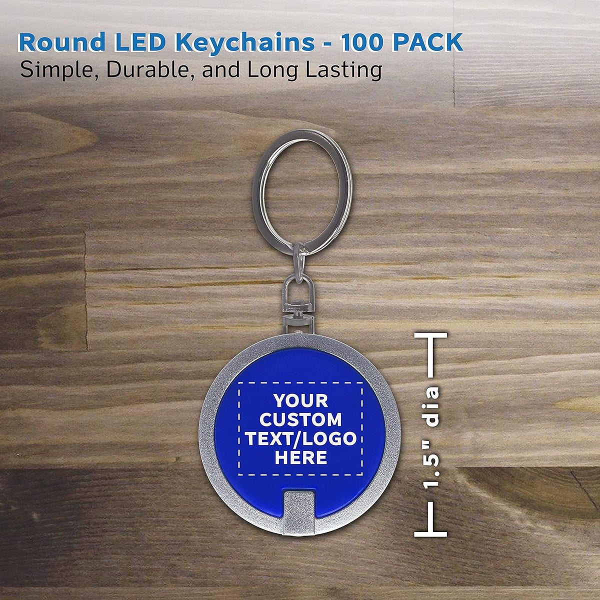DISCOUNT PROMOS 100 Round LED Keychains - Customizable Text, Logo - Battery included, Plastic - Blue
