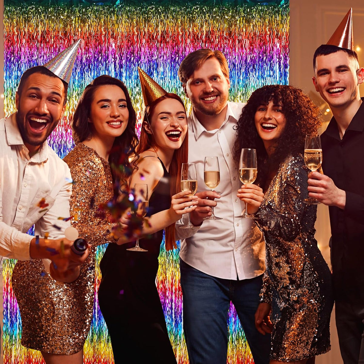 Jutom 6 Pieces 3.3 x 6.6 ft Wavy Tinsel Foil Fringe Curtains Foil Fringe Streamer Backdrop Party