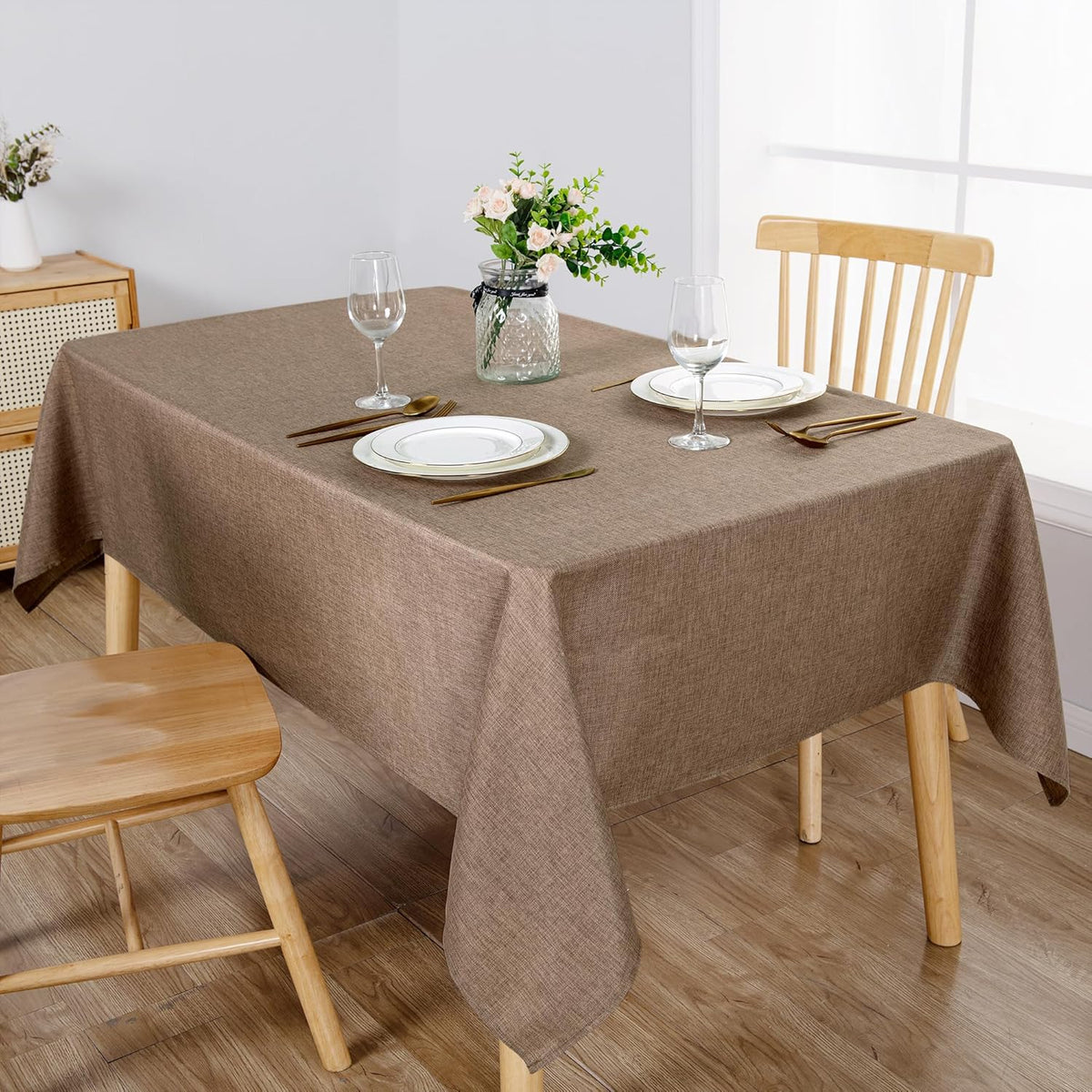 Hiasan Faux Linen Rectangle Tablecloth - Wrinkle and Stain Resistant Washable Table Cloth for