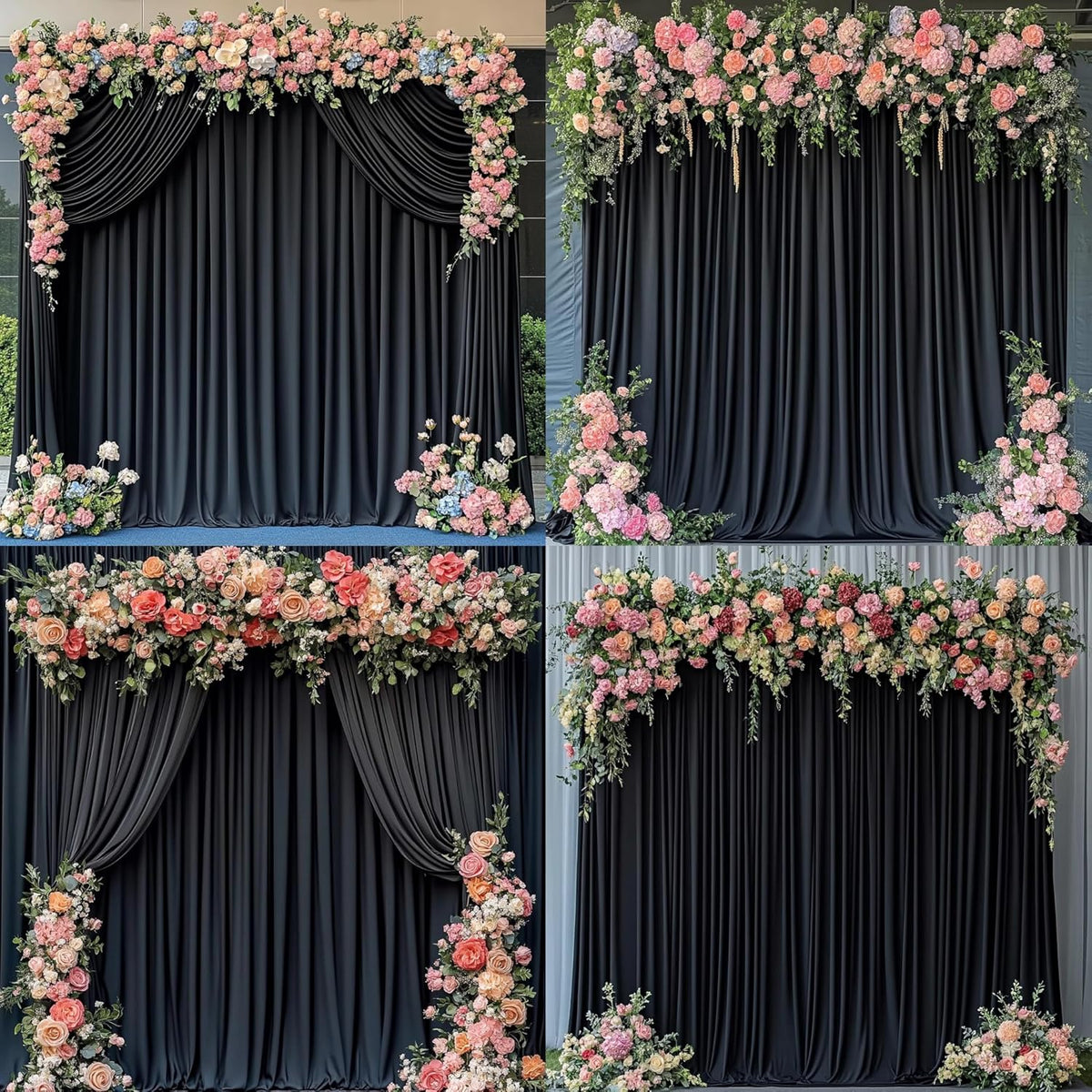 40 ft x 10 ft Wrinkle Free Black Backdrop Curtain for Parties, 8 Panels 10ft Polyester Black Photo