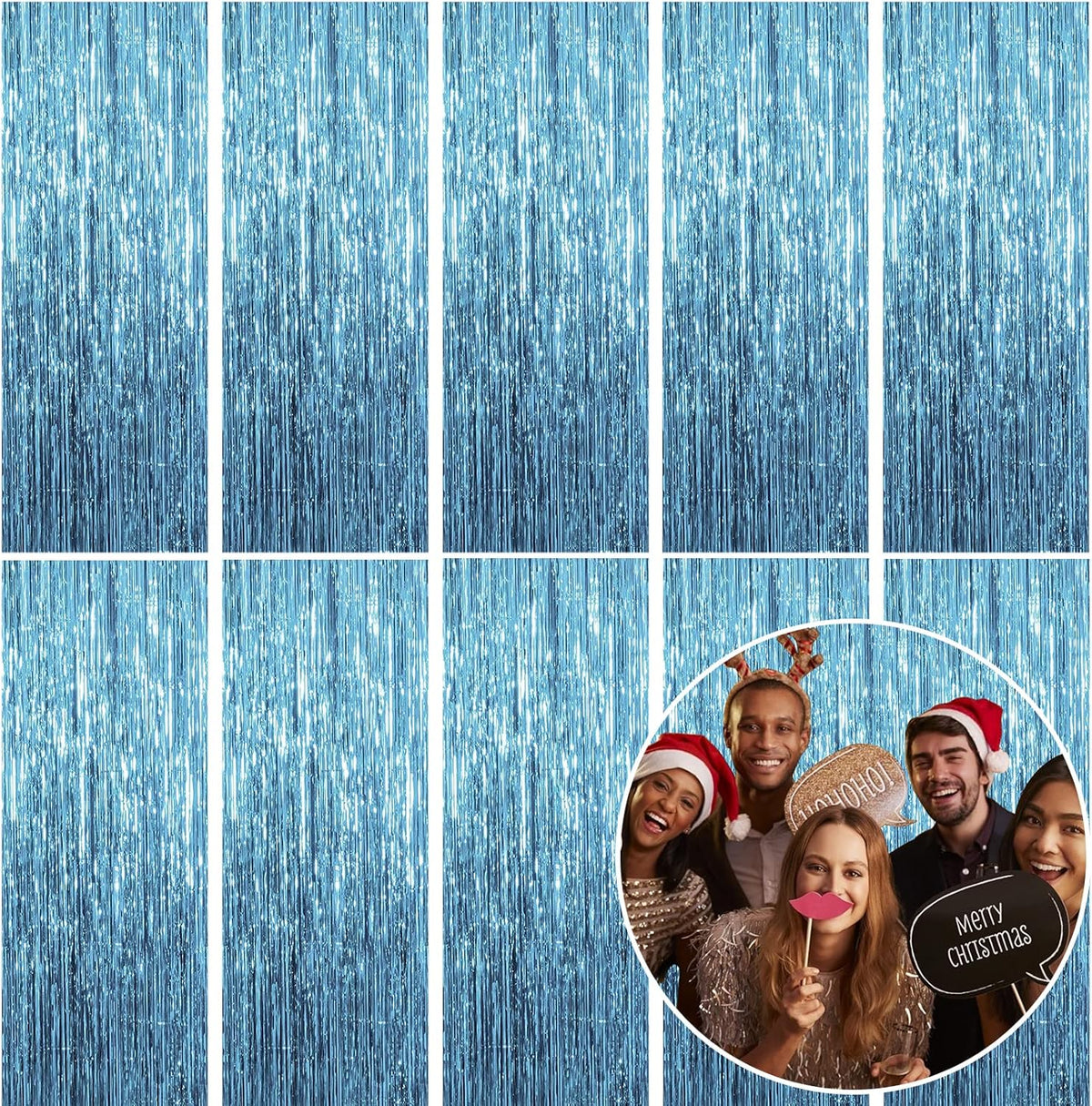 10 Pack Foil Curtain Backdrop Blue Metallic Tinsel Foil Fringe Curtains Photo Booth Props for