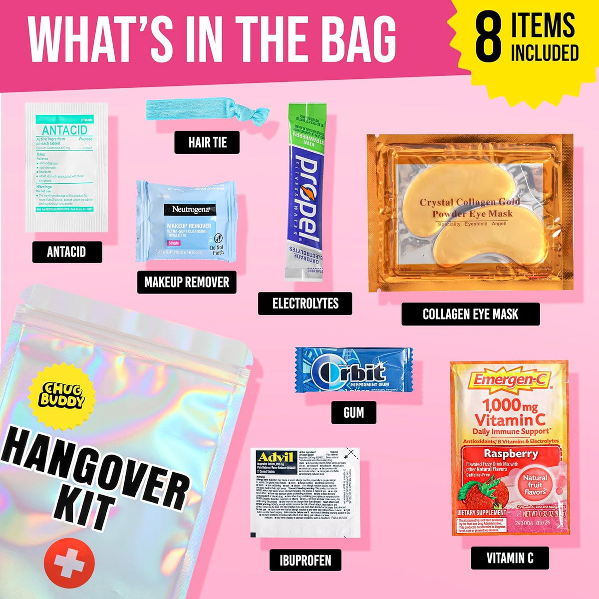 1 Pre-Filled Hangover Kit for Bachelorette Party Favors, 21st Birthday Gifts, Bridesmaid Gifts &