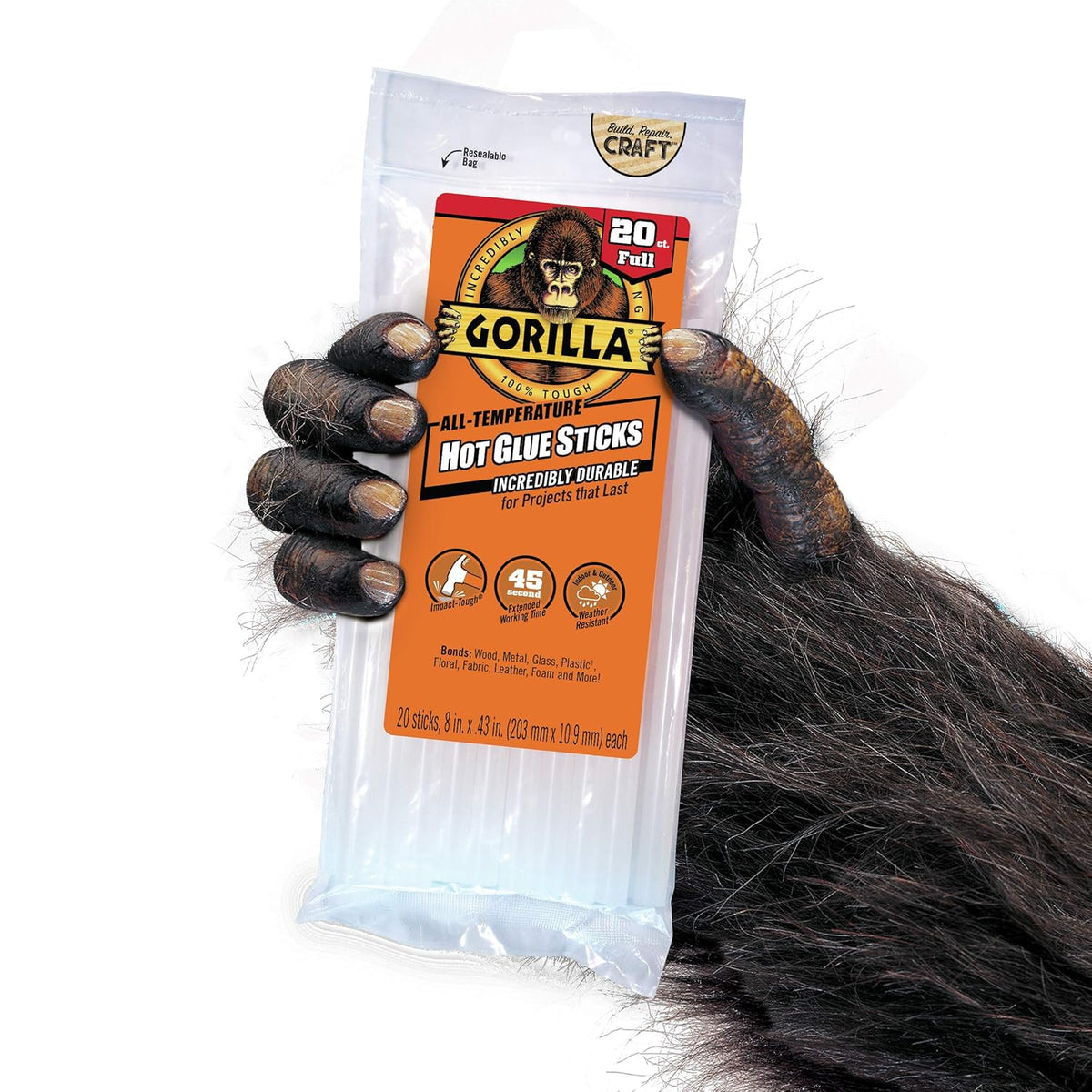 Gorilla Hot Glue Sticks, Clear Glue, Full Size 8" Long x 0.43" Diameter, 20 Count (Pack of 1)