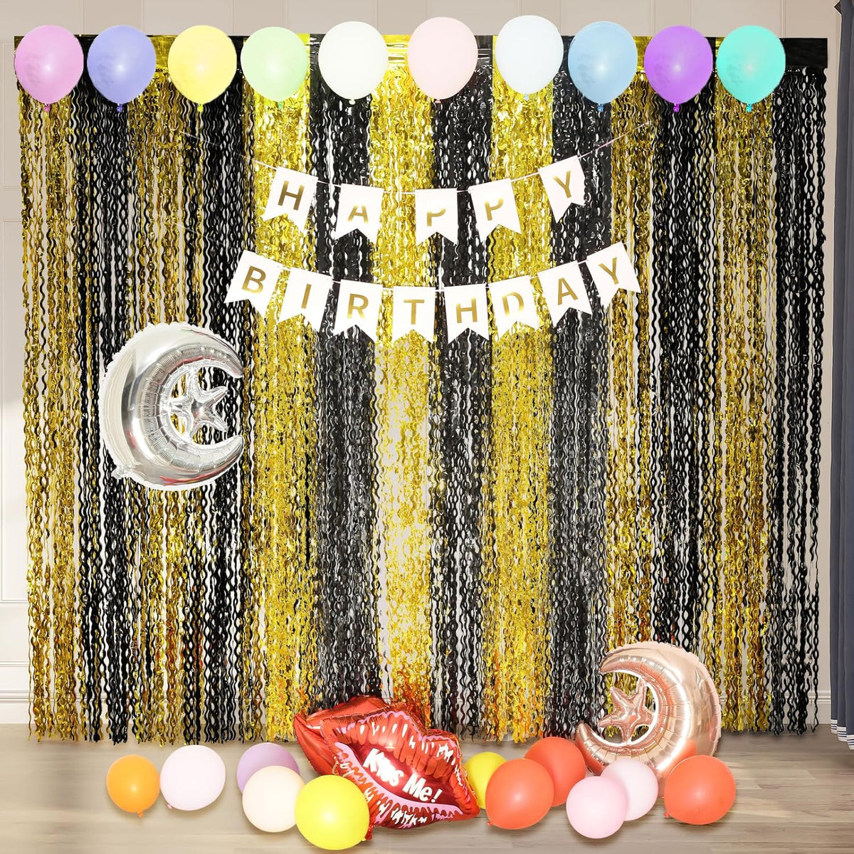 4 Pack Black and Gold Wavy Foil Fringe Curtains Pirthday Decorations,3.3 ft x 6.6 ft Metallic Foil