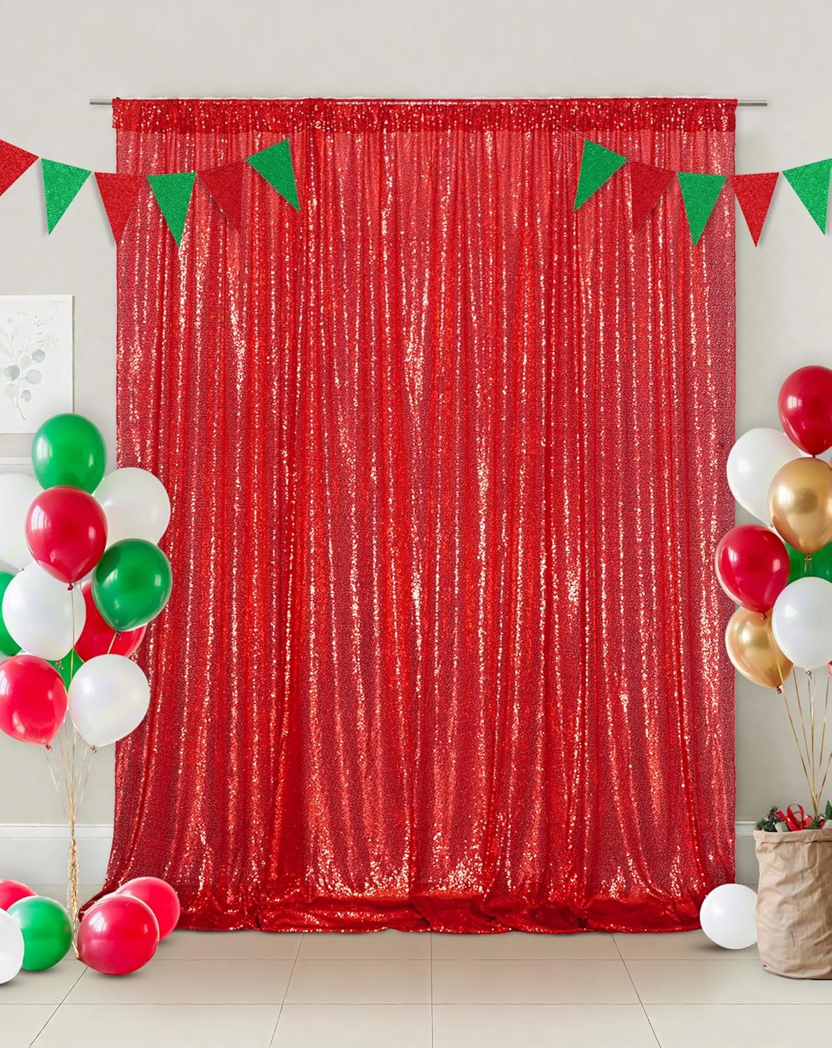 Eternal Beauty Red Sequin Backdrop, 6x8 Ft Glitter Background Curtains for Christmas Shimmer