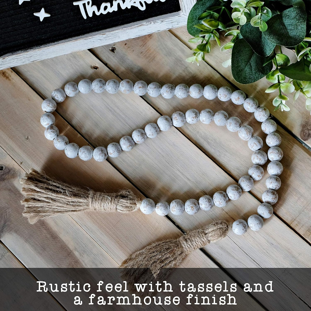 Farmhouse Wood Bead Garland Home Decor, Natural Wooden Garland for Tiered Tray, Decorative Tassel