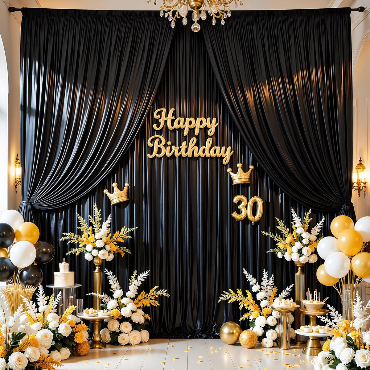 Black Satin Backdrop Curtains 2 Panels - Glitter Photo Drapes for Baby Shower, 10x10FT Shimmer Back