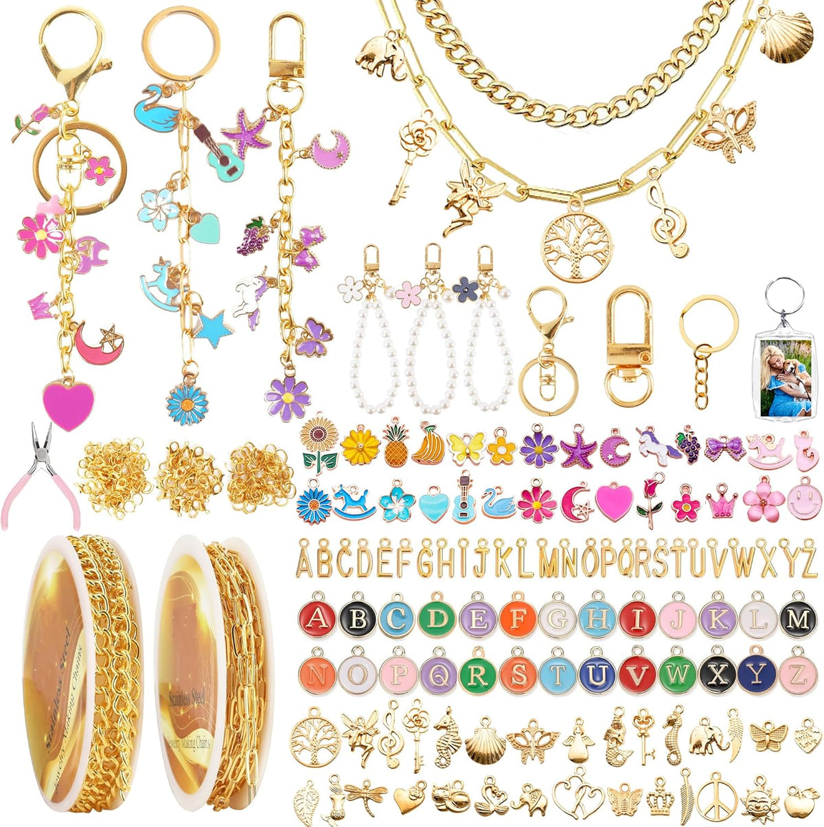 Namifin 384 Pcs Keychain Making Kit with Charms & Keychain Clips - DIY Bag Charms, Pearl Keychains