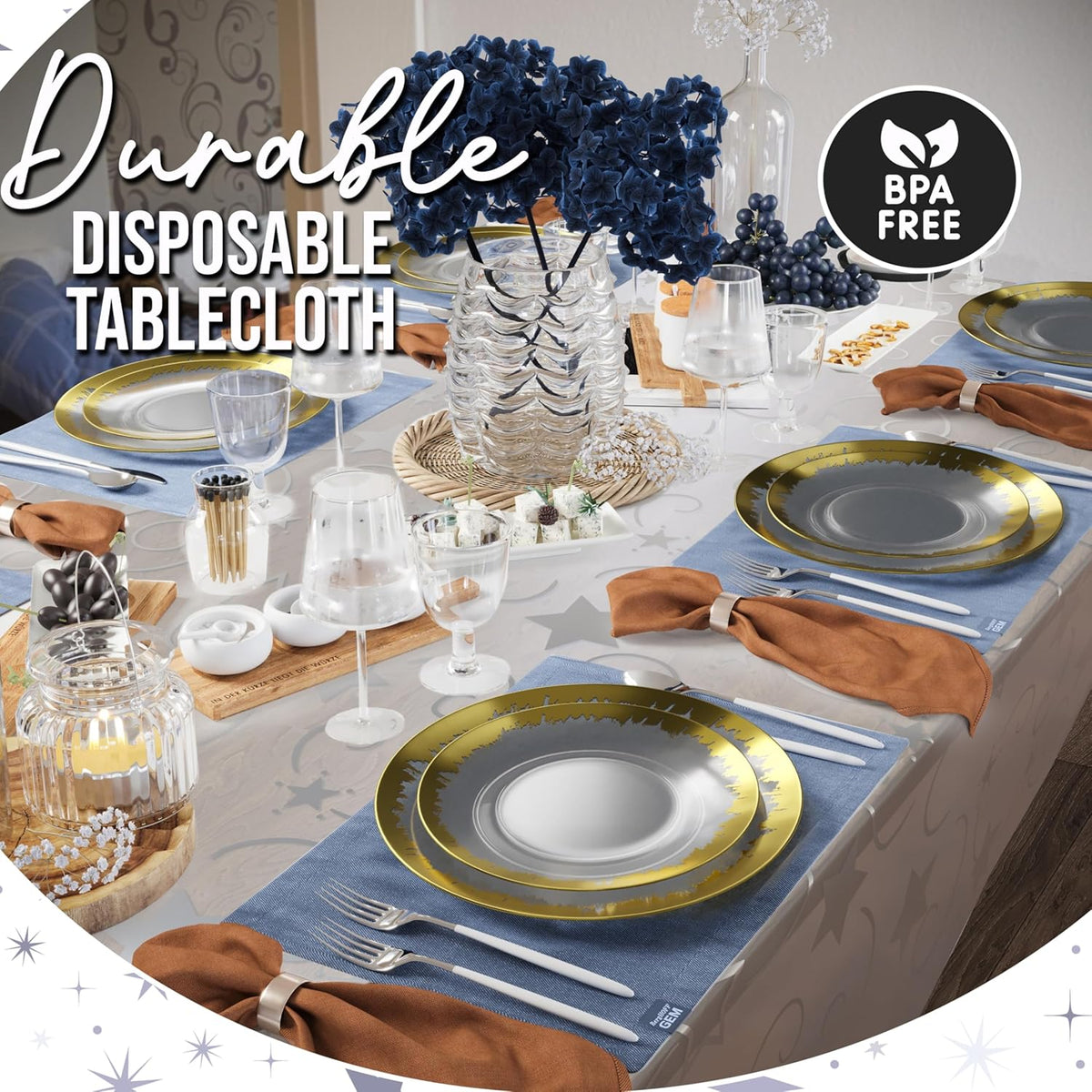 Exquisite Clear Silver Star Tablecloth Plastic 12-Pack Disposable Rectangle Tablecloths 54" x 108"